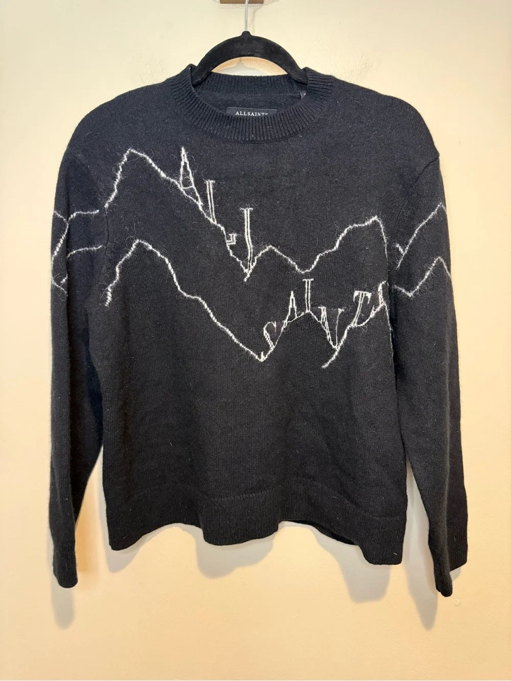 Men's Black Crewneck Sweater with White Mountain Stitch Detail